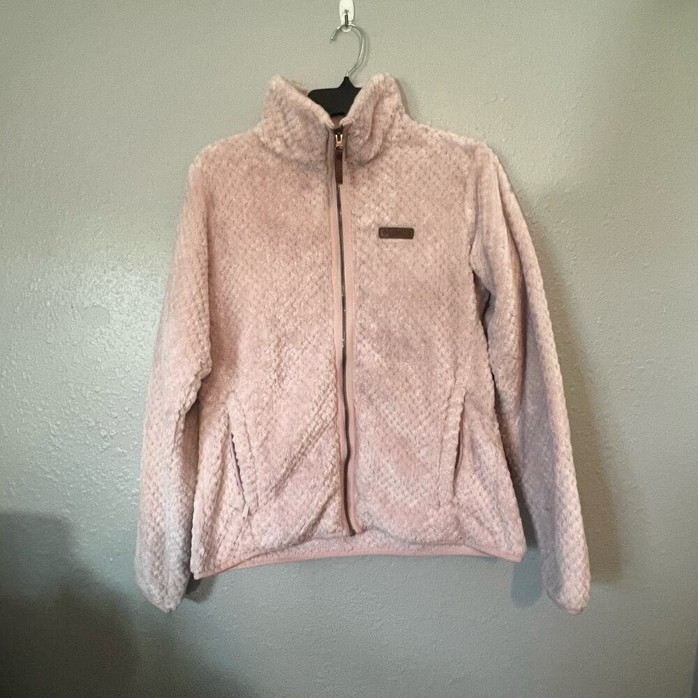 Columbia Womens Medium M Teddy Pink Jacket Zip Fauz Leather Accents Soft Fuzzy